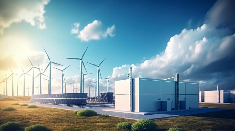 modern hydrogen energy storage system by large solar power plant wind turbine park sunny summer day light with blue sky scattered clouds 3d rendering 473751 1999